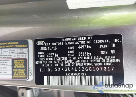 2016 Kia Optima Ex z USA, uszkodzony, nr VIN 5XXGU4L32GG107317